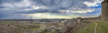 Panoramic view of the Dniester River and the arched bridge from the side of an ancient cream in Bendery, Moldova