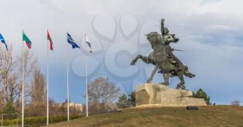 Tiraspol, Moldova - 03.10.2019. Equestrian statue to the russian commander Alexander Suvorov near the Dniester River in the city of Tiraspol, Transnistria, Moldova
