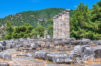 Ruins of the Ancient greek temple in Priene, Turkey, on a sunny summer day