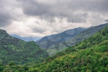 Asenovgrad, Bulgaria 24.07.2019. Bulgarian Rhodope mountain view from the side of the Asens Fortress on a cloudy summer day