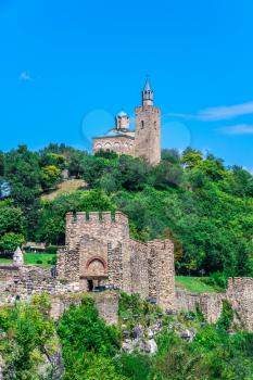 Entrance to Tsarevets fortress with the Patriarchal Cathedral of the Holy Ascension of God in Veliko Tarnovo, Bulgaria, on a sunny summer day