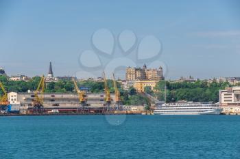 Odessa, Ukraine 06.06.2020. View from the sea of the cargo port and container terminal in Odessa, Ukraine