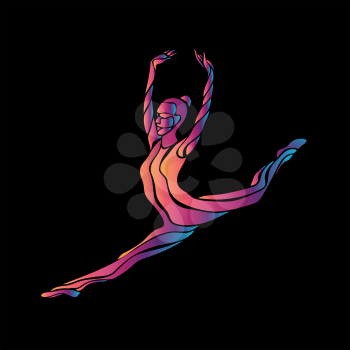 Creative silhouette of gymnastic girl. Art gymnastics woman, illustration or banner template in trendy abstract colorful neon waves style on black background