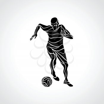 Soccer player kicks the ball. Black silhouette abstract illustration on white background.