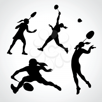 4 vector Silhouettes of female professional badminton players. Vector illustration