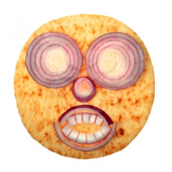 Terrible cake face with red onion isolated on white background