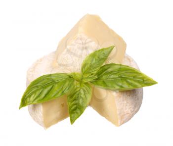 Brie cheese with a basil isolated on white background