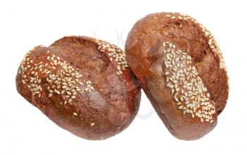 Two rye breads with sesame seeds isolated on white background