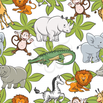 Seamless pattern with wild safari animals and green leaves. Vector illustration
