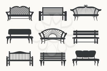 Outdoor benches black line icons vector illustration