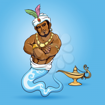 Genie coming out of aladdin lamp icon an blue background. Vector illustration