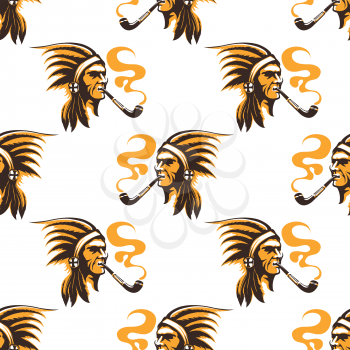 Seamless pattern with native american indian with pipe smoking. Vector illustration