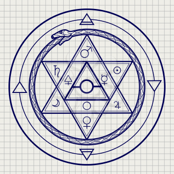 Mystical astrological sign with alchemy elements and uroboros on notebook page. Vector illustration