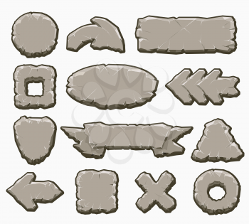 Rock interface buttons vector illustration. Cartoon stone ui elements like arrows and panels, frames and banners for game design isolated on white