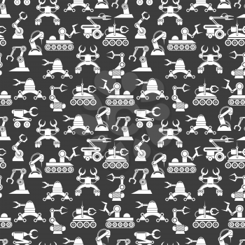 Seamless pattern with robot arms elements on black background, vector illustration