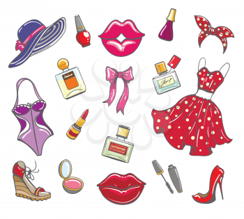 Girls fashion hand drawn elements. Sketch women accessories for makeup and ashionable look vector illustration