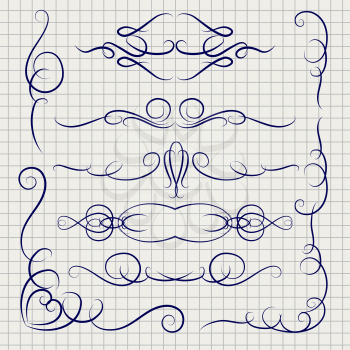 Ballpoint pen drawing decorative ornaments on notebook page design. Vector illustration