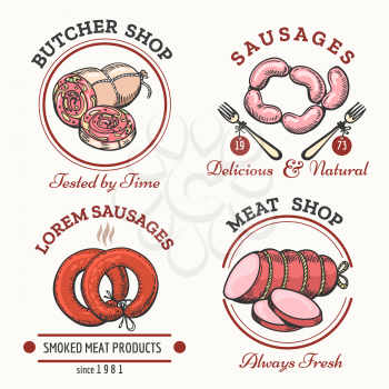 Sausages logo set. Meat products labels for butcher shop vector illustration