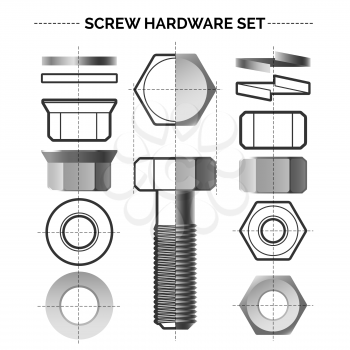 Bolt and nut set. Metal material bolts and steel nuts construction construction drawings vector illustration