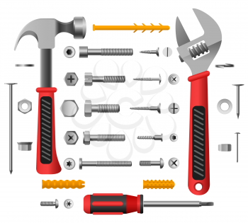 Screws, nuts and tools. Nail and screw isolated on white background, screwdriver and hammer vector illustration