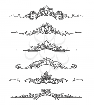 Floral design crown calligraphic elements. Linear royal tiara curly vector dividers for elegant wedding flourish invitations