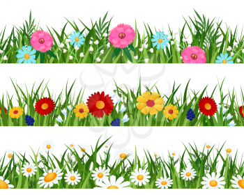 Spring flowers lawn patterns. Simple flower plants borders, planting garden grass meadow on white horizontal seamless backgrounds