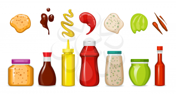 Gourmet sauces bottles. Kitchen dips bottle set, ketchup and wasabi, soy and bbq, mayonnaise and mustard packaging jars vector illustration