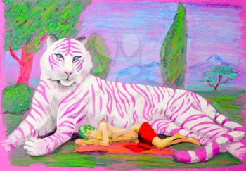 Painting gouache. Pink tiger lying on the grass next to him lies and sleeps naked girl.