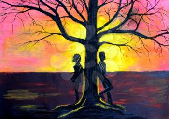 The guy and the girl on the different parties of a tree. The landscape at sunset drawn with pencils on black paper.