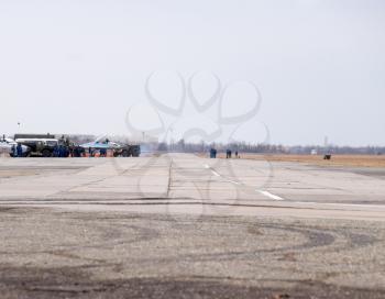 Krasnodar, Russia - February 23, 2017: Air show in honor of the Defender of the Fatherland. The runway for fighter aircraft.