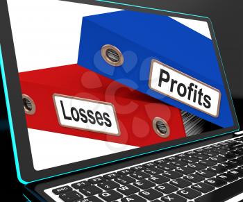 Profit And Looses Files On Laptop Showing Risky Trading Or Investing