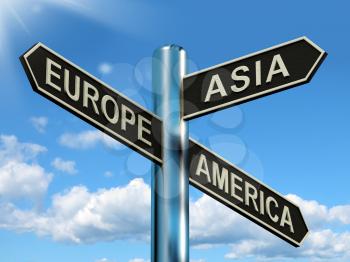 Europe Asia America Signpost Shows Continents For Travel Or Tourism