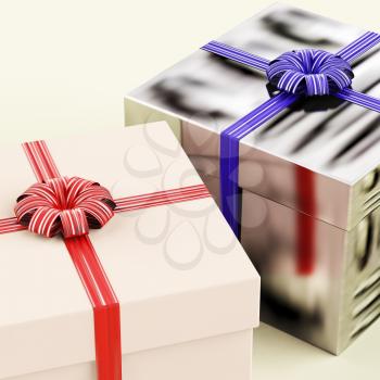 Two Gift Boxes With Blue And Red Ribbons As Present For Him And Her