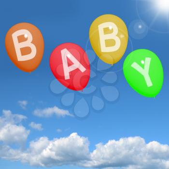 Baby Balloons In Sky Shows Newborn Parenting Or Motherhood