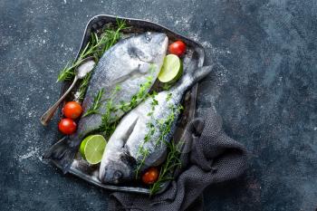 Fresh uncooked Dorado fish or sea bream with ingredients for cooking on dark background, top view