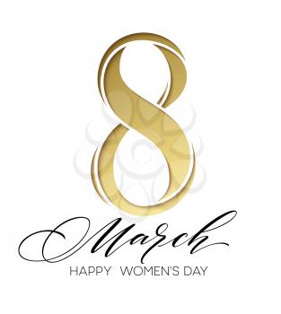 8 March celebration with eight symbol made of gold sparkling glitters. Womans Day concept design