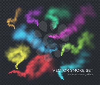 Vector smoke. A set of different color realistic insulated transparent effects of smoke. The real effect of transparency. EPS10
