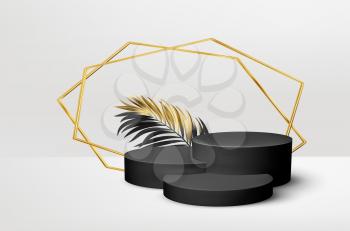 3d realistic black pedestal on a black background with golden elements palm leaves. Empty space design luxury mockup scene for product. Vector illustration EPS10