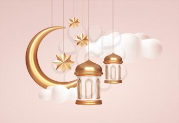 Eid Mubarak 3d realistic symbols of arab islamic holidays. Crescent moon, stars, lanterns. Vector illustration EPS10