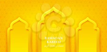 Ramadan Kareem 3d realistic symbols of arab islamic holidays. Crescent moon, stars, lanterns. Arabic translation Ramadan Kareem wishes. Vector illustration EPS10