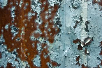 Grunge background of gray blue aluminum texture and rust, fence, wall