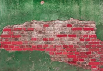 Background of red  brick wall, masonry in a row and old, green, cracked plaster, cement