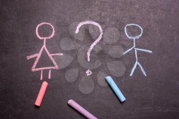 Figures of a man and a woman are drawn chalk on a blackboard. The concept of equality, feminism., gender,transgender