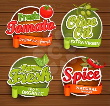 Farm fresh, organic food label - olive oil, tomato, spice, badges or seals on the wooden background, vector illustration.