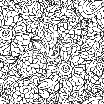 Seamless nature pattern with line flowers for adult coloring page printing and drawing.