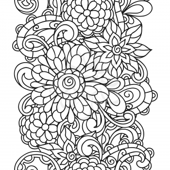 Seamless nature pattern with line flowers for adult coloring page printing and drawing.