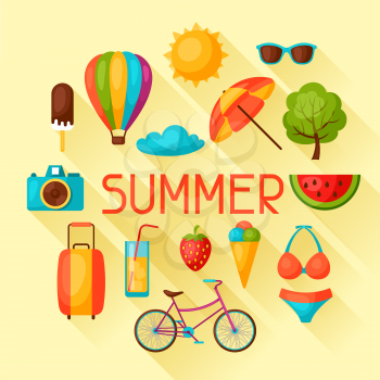 Background with stylized summer objects. Design for cards, covers, brochures and advertising booklets.