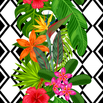 Seamless pattern with tropical plants, leaves and flowers. Background made without clipping mask. Easy to use for backdrop, textile, wrapping paper.