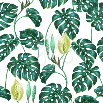 Seamless pattern with monstera leaves. Decorative image of tropical foliage and flower. Background made without clipping mask. Easy to use for backdrop, textile, wrapping paper.