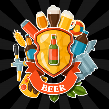 Background design with beer stickers and objects.